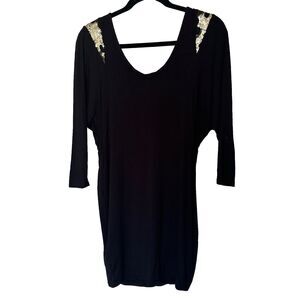 Fitted Black Gold Party Mini Dress Scoop Neck 3/4 Sleeve Sequin Stretch Size S
